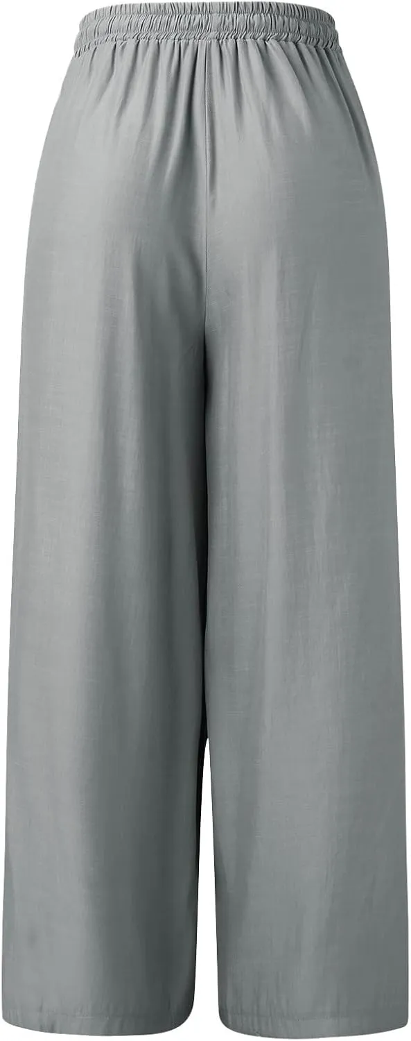 Women's Linen Blend Summer Striped Palazzo Pants Elastic Waist Stretchy Loose Fit Palazzo Lounge Pants Office