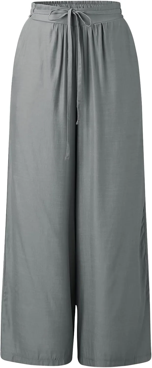 Women's Linen Blend Summer Striped Palazzo Pants Elastic Waist Stretchy Loose Fit Palazzo Lounge Pants Office