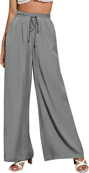 Women's Linen Blend Summer Striped Palazzo Pants Elastic Waist Stretchy Loose Fit Palazzo Lounge Pants Office