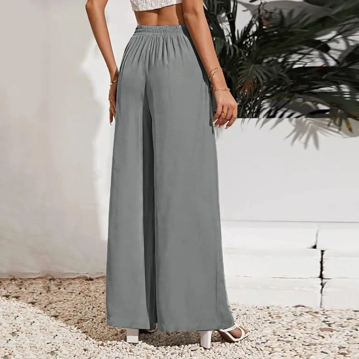 Women's Linen Blend Summer Striped Palazzo Pants Elastic Waist Stretchy Loose Fit Palazzo Lounge Pants Office
