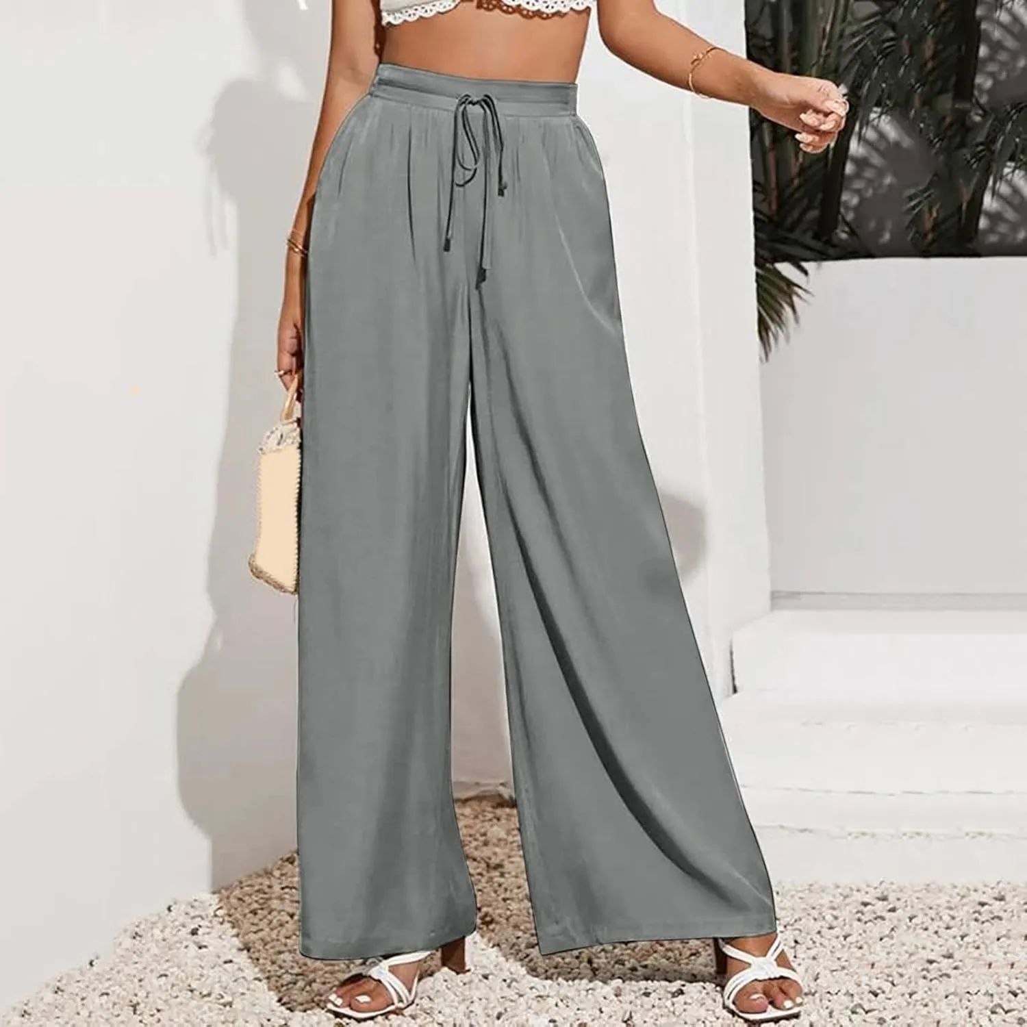 Women's Linen Blend Summer Striped Palazzo Pants Elastic Waist Stretchy Loose Fit Palazzo Lounge Pants Office
