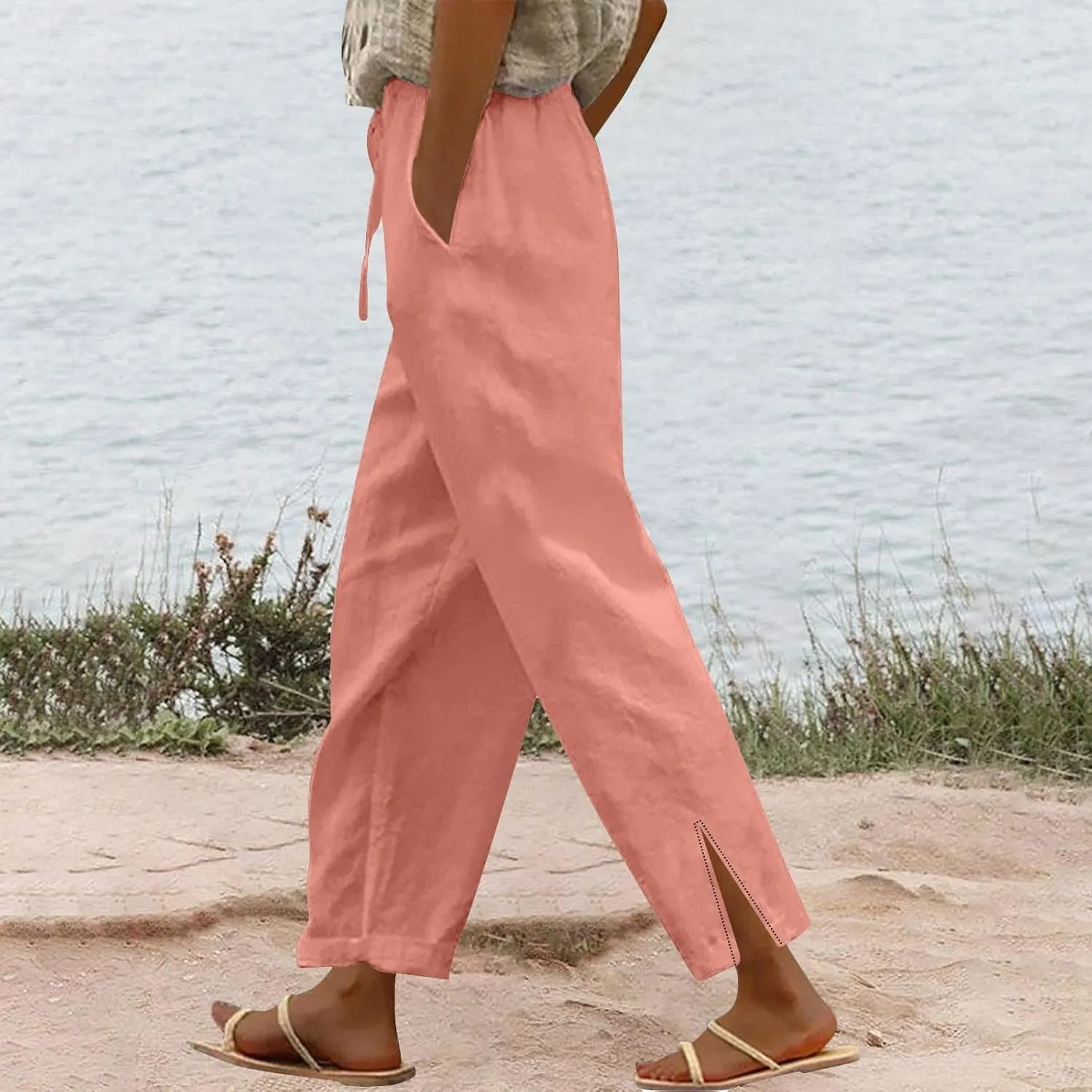 Women's Linen Cotton Pants Summer High Waisted Straight Casual Flowy Wide Leg Drawstring Trousers with Pockets