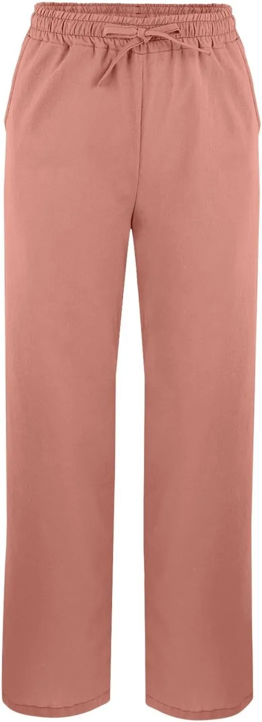 Women's Linen Cotton Pants Summer High Waisted Straight Casual Flowy Wide Leg Drawstring Trousers with Pockets