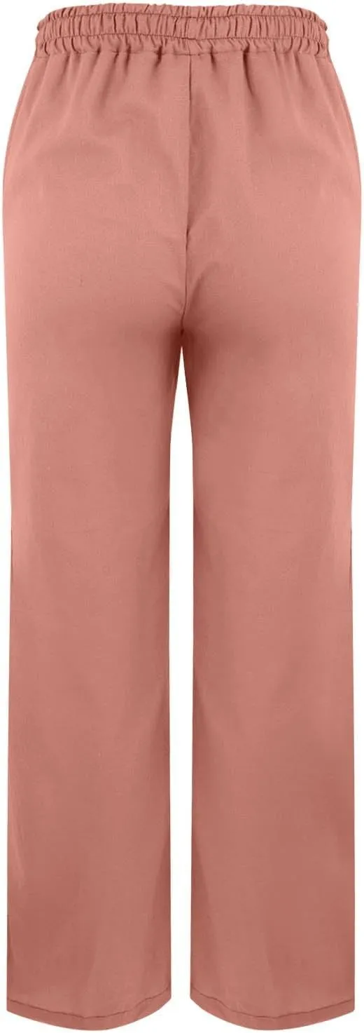 Women's Linen Cotton Pants Summer High Waisted Straight Casual Flowy Wide Leg Drawstring Trousers with Pockets