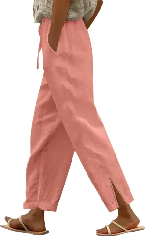 Women's Linen Cotton Pants Summer High Waisted Straight Casual Flowy Wide Leg Drawstring Trousers with Pockets