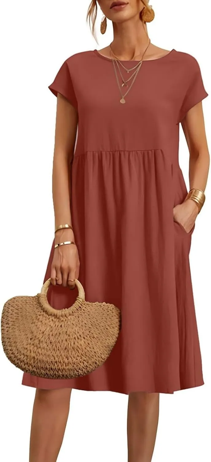 Women's Linen Dress Empire Waist Short Sleeve Knee Length Plus Size Dress Ladies Casual Summer Dresses with Pockets