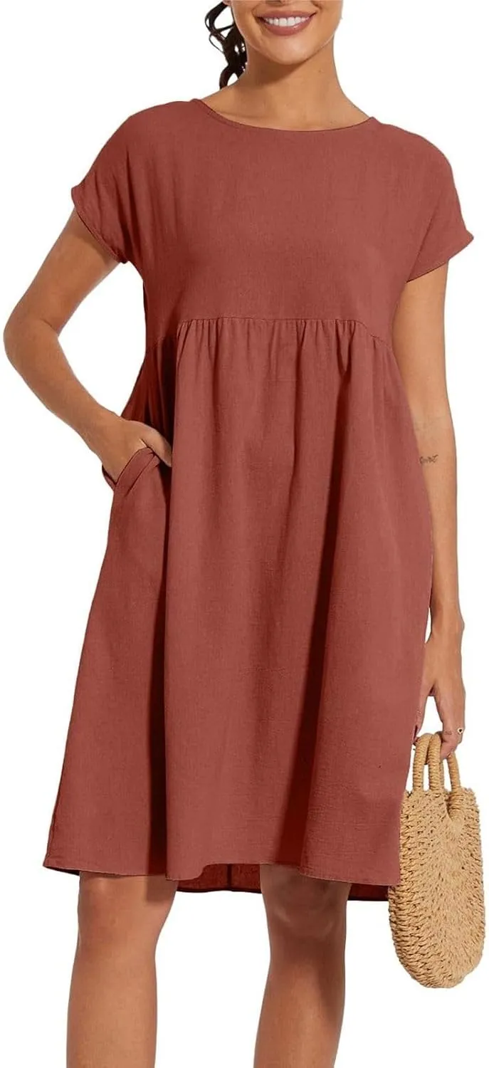 Women's Linen Dress Empire Waist Short Sleeve Knee Length Plus Size Dress Ladies Casual Summer Dresses with Pockets