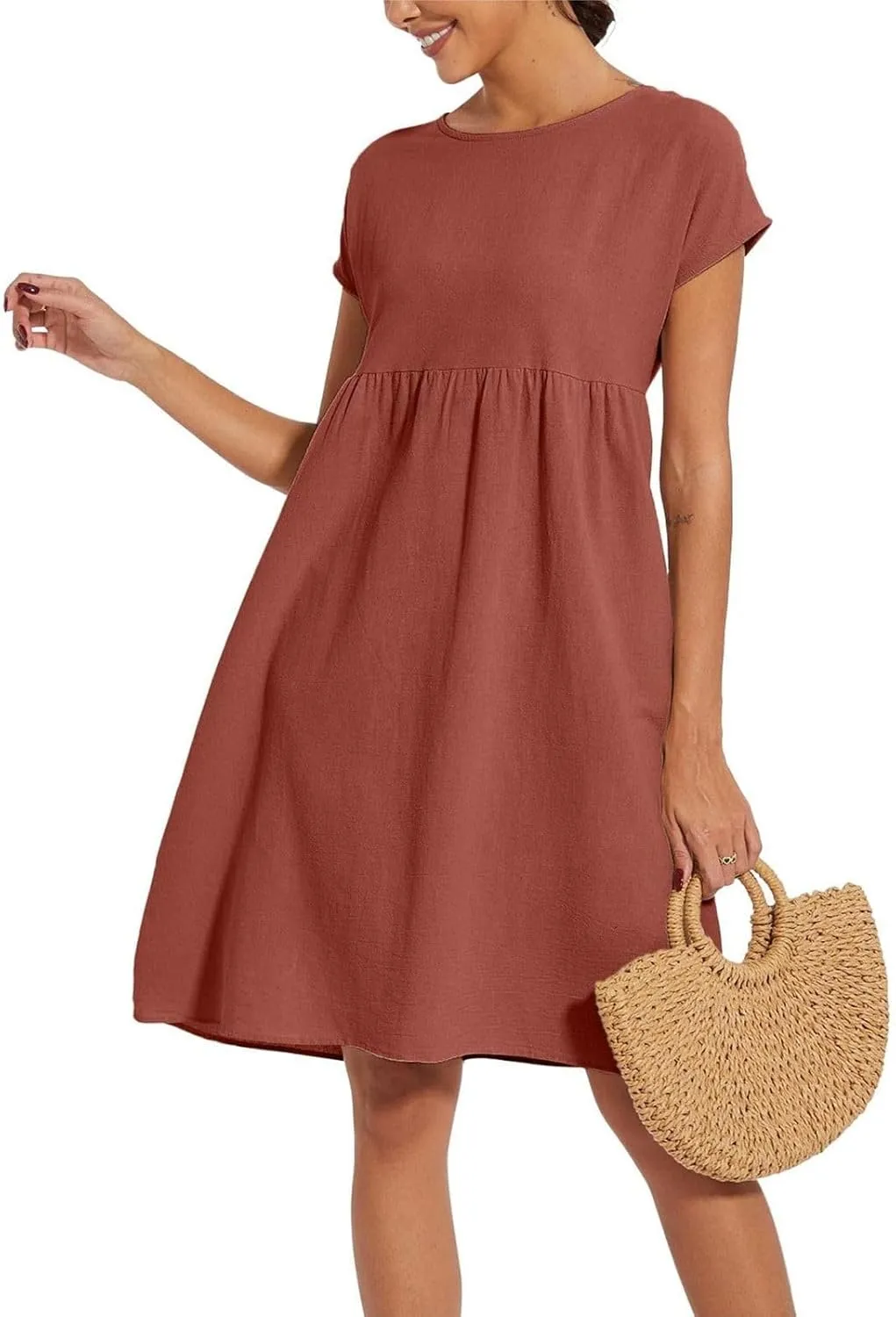 Women's Linen Dress Empire Waist Short Sleeve Knee Length Plus Size Dress Ladies Casual Summer Dresses with Pockets