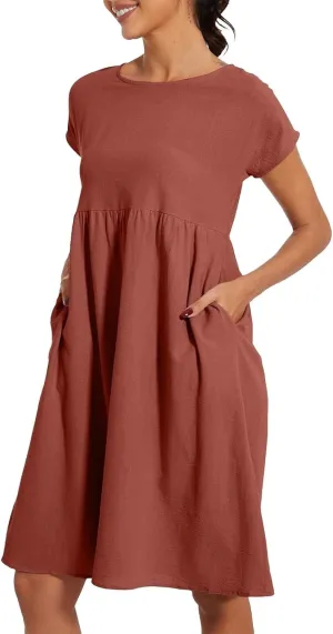 Women's Linen Dress Empire Waist Short Sleeve Knee Length Plus Size Dress Ladies Casual Summer Dresses with Pockets