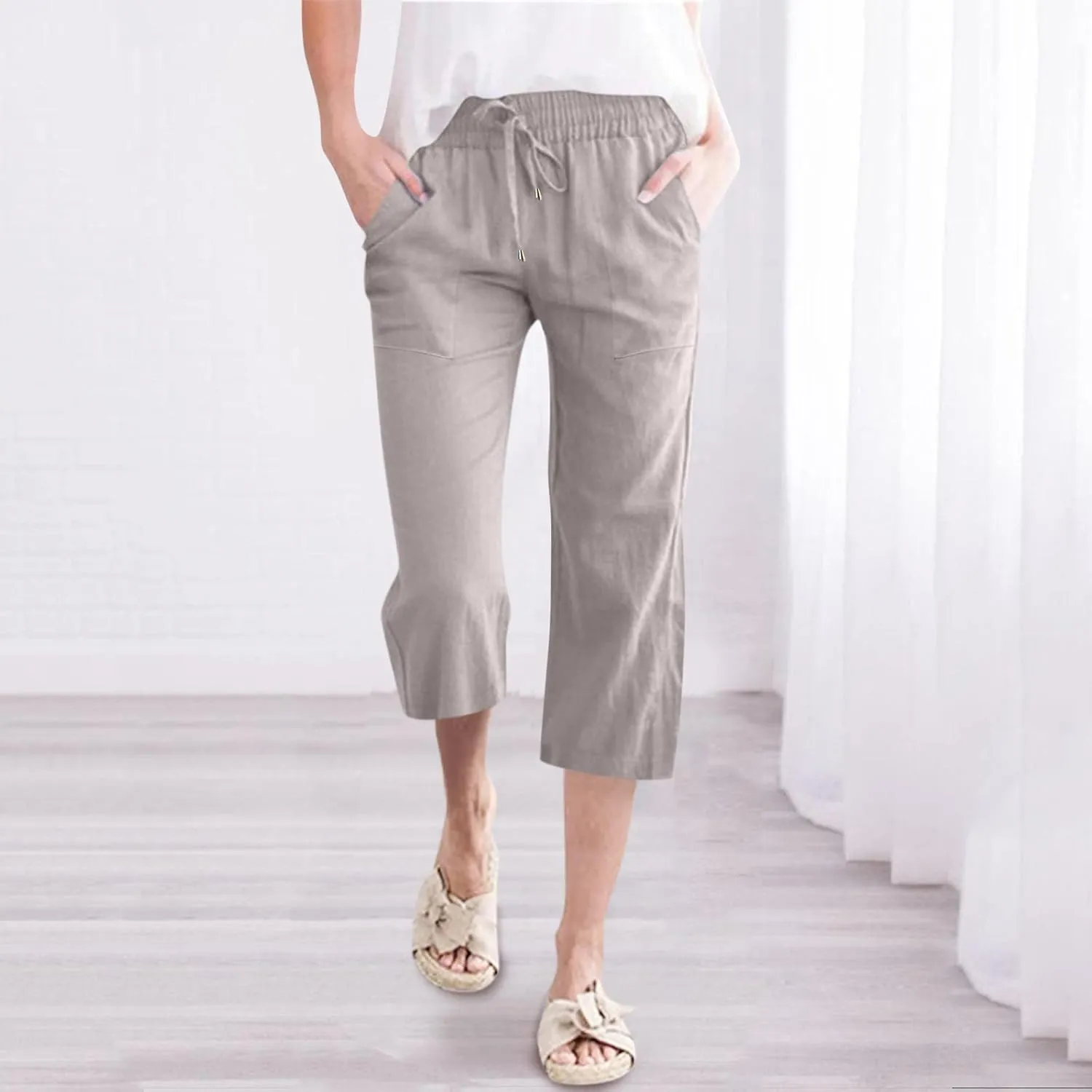 Womens Linen Palazzo Lounge Pants High Waist Straight Wide Leg Summer Causal Belt Trousers with Pockets Trendy 2024
