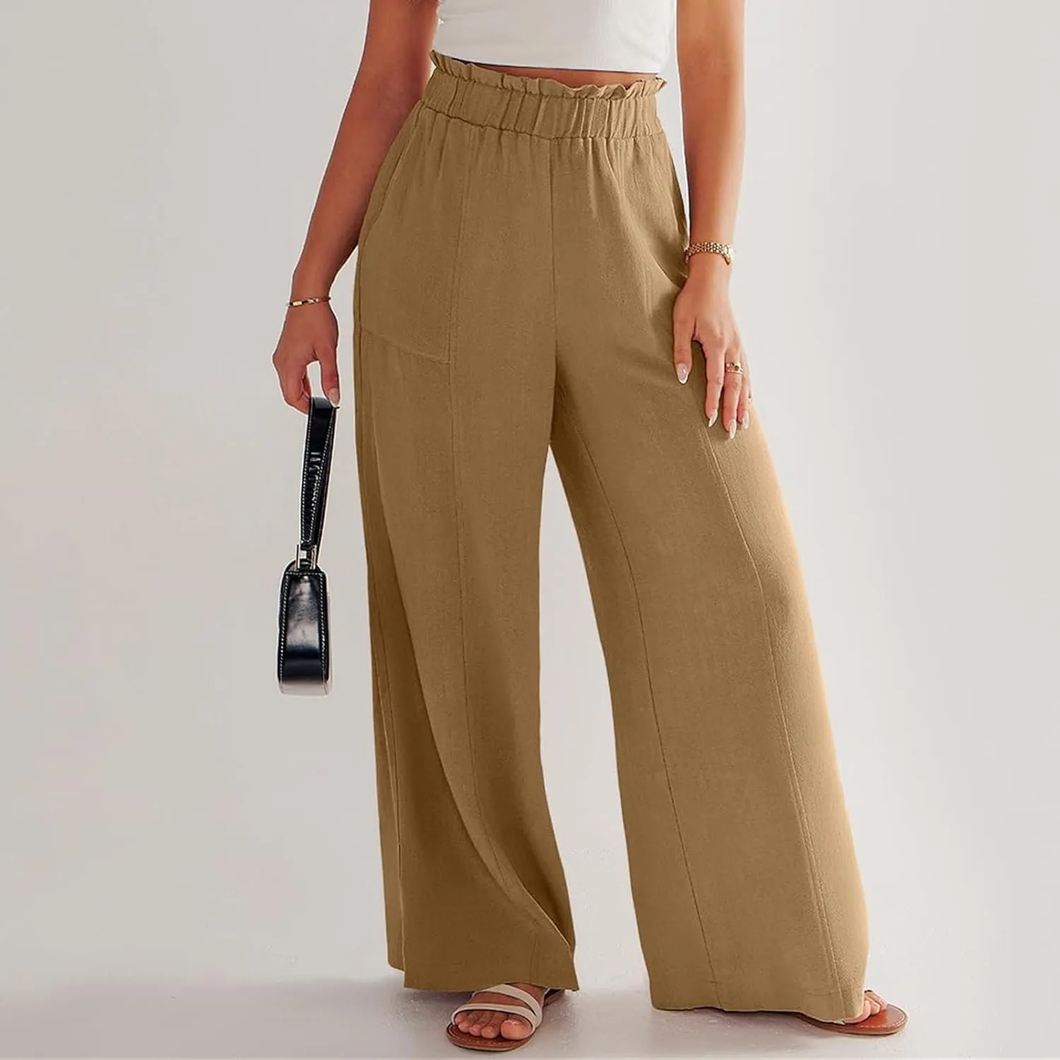Womens Linen Pants 2025 Summer Casual Wide Leg Elastic High Waist Palazzo Pant Flowy Beach Trouser Work Office Slacks