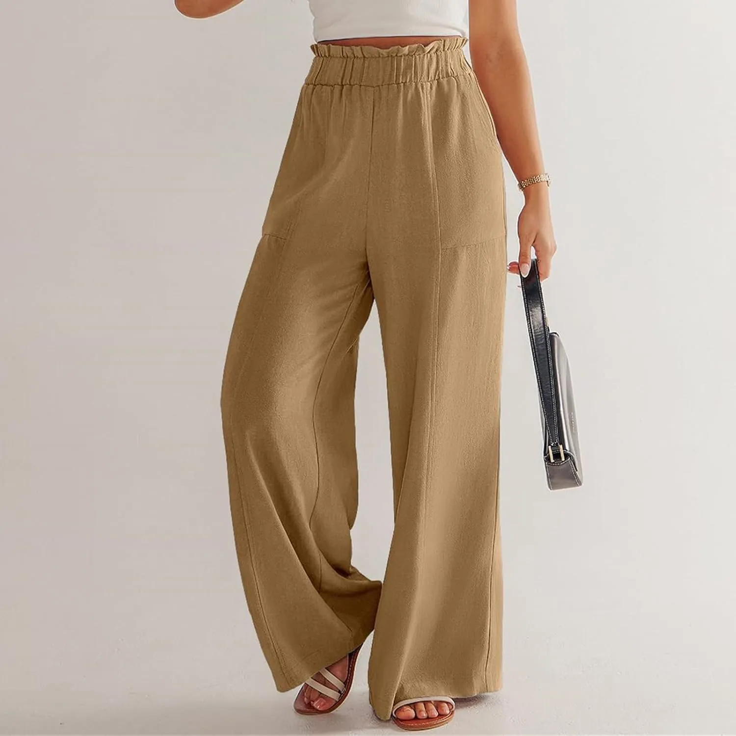 Womens Linen Pants 2025 Summer Casual Wide Leg Elastic High Waist Palazzo Pant Flowy Beach Trouser Work Office Slacks