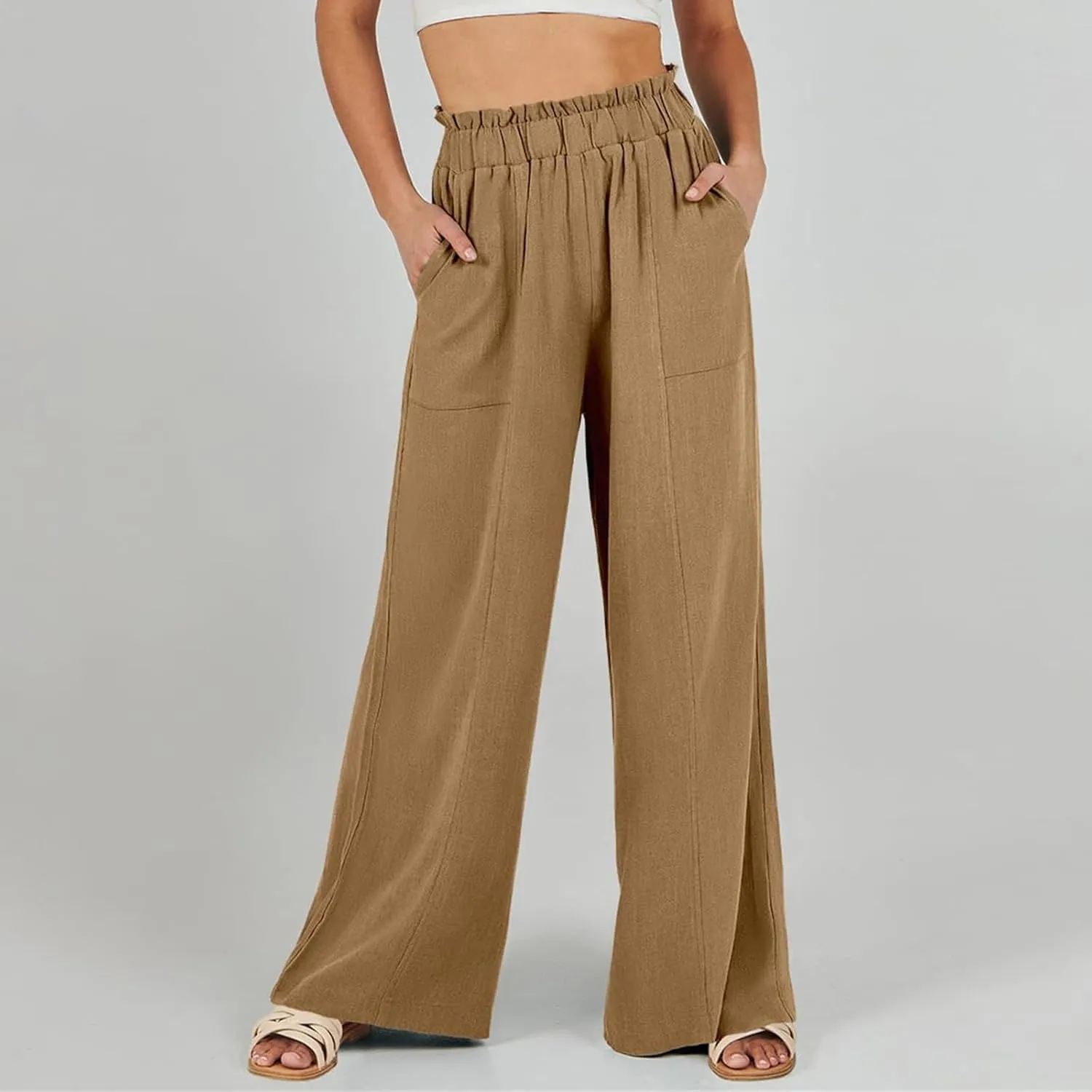 Womens Linen Pants 2025 Summer Casual Wide Leg Elastic High Waist Palazzo Pant Flowy Beach Trouser Work Office Slacks