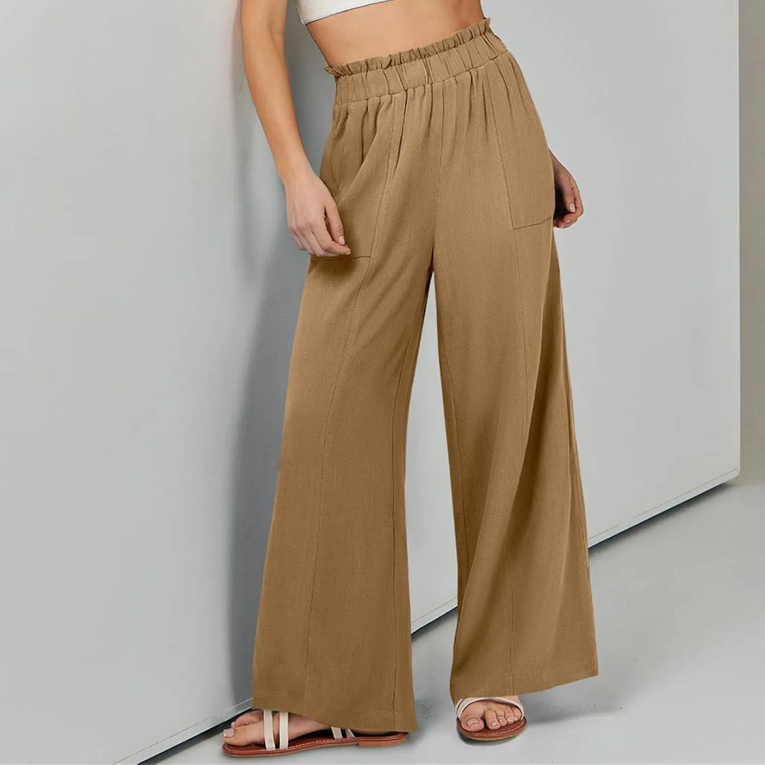 Womens Linen Pants 2025 Summer Casual Wide Leg Elastic High Waist Palazzo Pant Flowy Beach Trouser Work Office Slacks