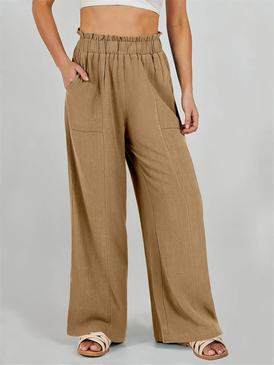 Womens Linen Pants 2025 Summer Casual Wide Leg Elastic High Waist Palazzo Pant Flowy Beach Trouser Work Office Slacks