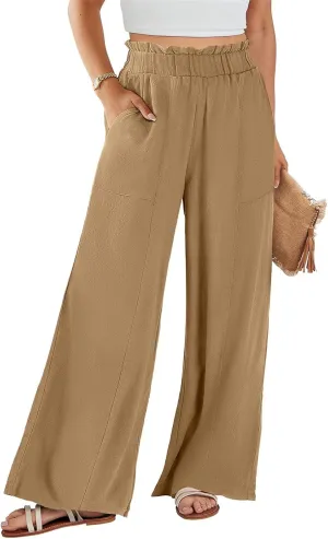 Womens Linen Pants 2025 Summer Casual Wide Leg Elastic High Waist Palazzo Pant Flowy Beach Trouser Work Office Slacks