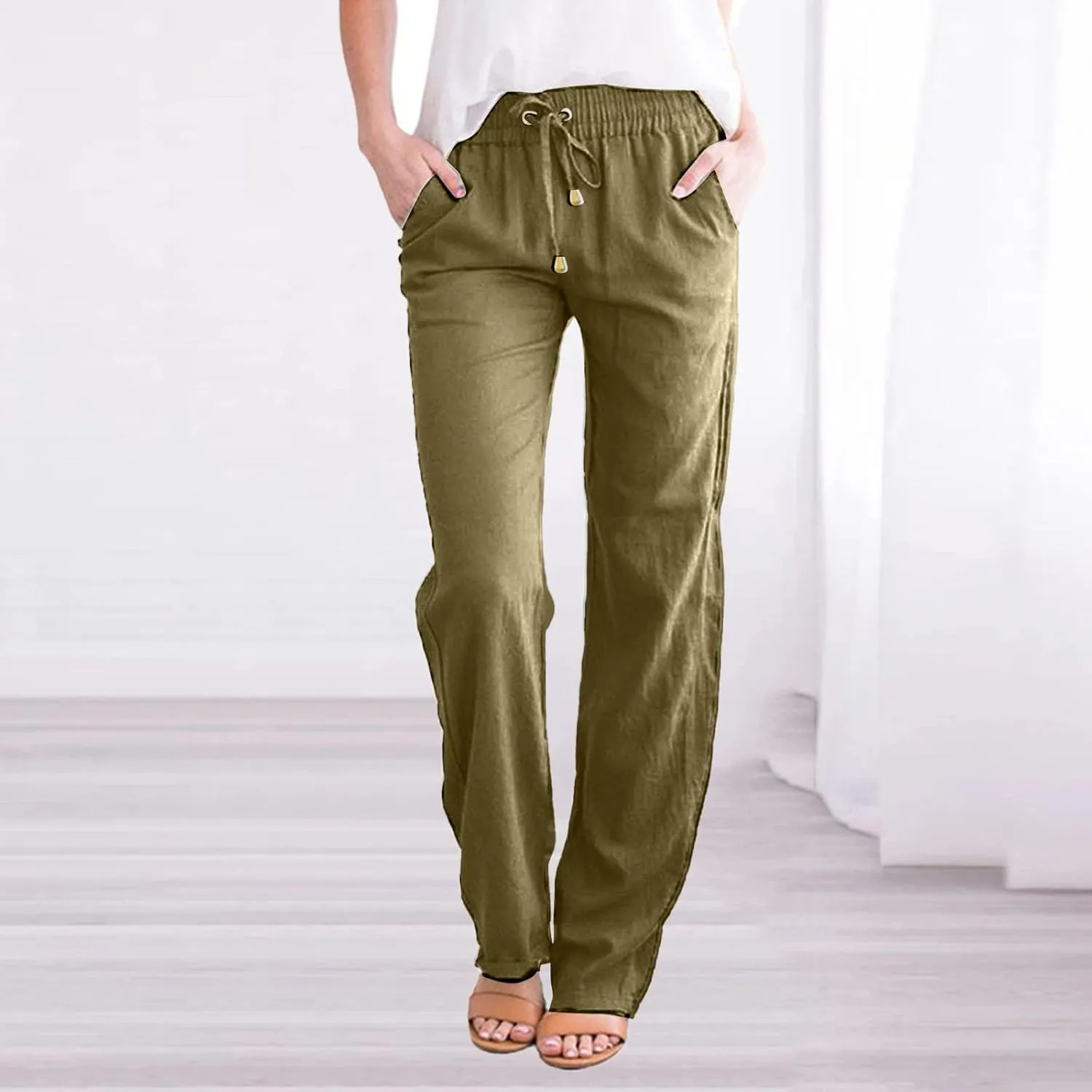 Womens Linen Pants Casual Straight Fit Elastic Waisted Drawsting Trousers Summer Loose Comfy Pants with Pockets