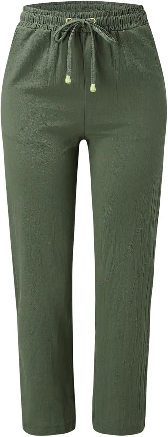 Womens Linen Pants Casual Straight Fit Elastic Waisted Drawsting Trousers Summer Loose Comfy Pants with Pockets