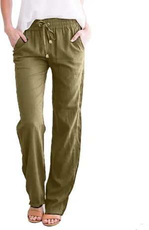 Womens Linen Pants Casual Straight Fit Elastic Waisted Drawsting Trousers Summer Loose Comfy Pants with Pockets