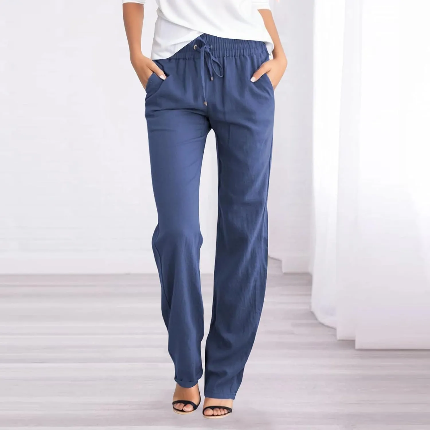 Womens Linen Pants Casual Straight Fit Elastic Waisted Drawsting Trousers Summer Loose Comfy Pants with Pockets