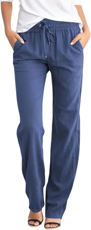 Womens Linen Pants Casual Straight Fit Elastic Waisted Drawsting Trousers Summer Loose Comfy Pants with Pockets