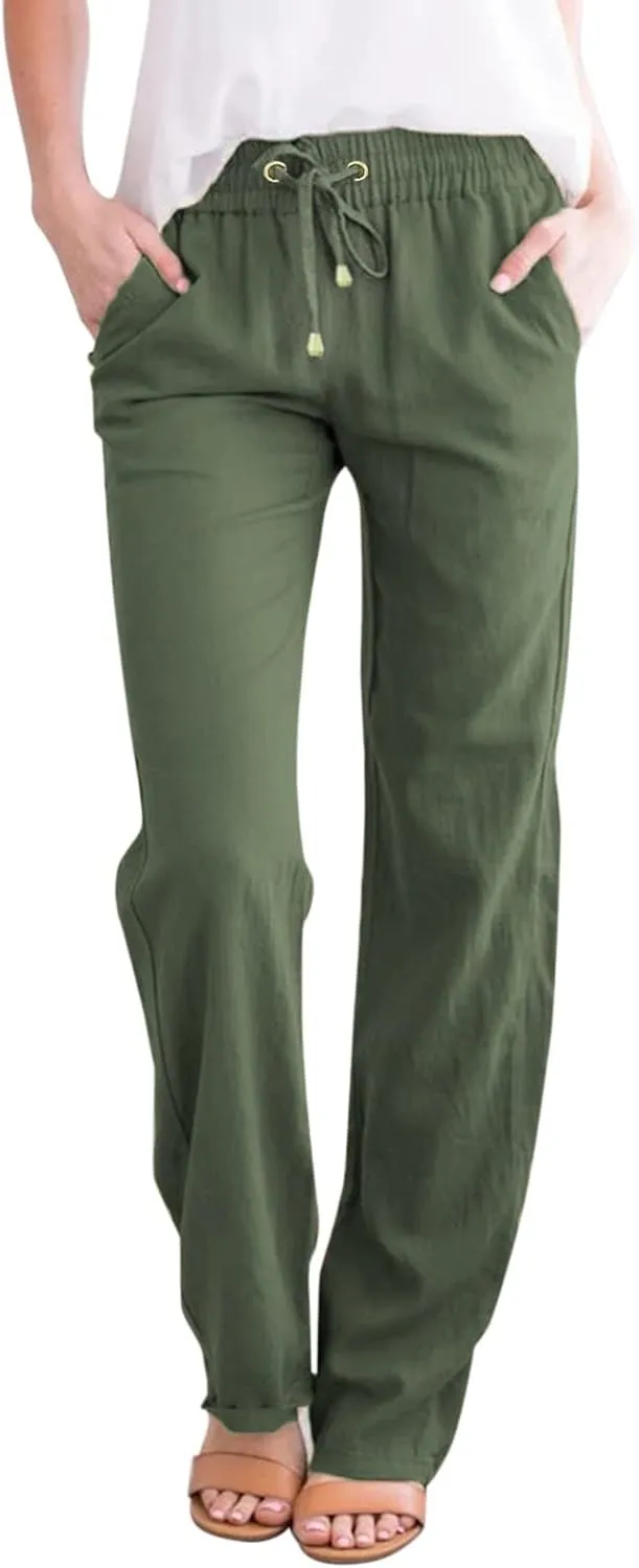 Womens Linen Pants Casual Straight Fit Elastic Waisted Drawsting Trousers Summer Loose Comfy Pants with Pockets