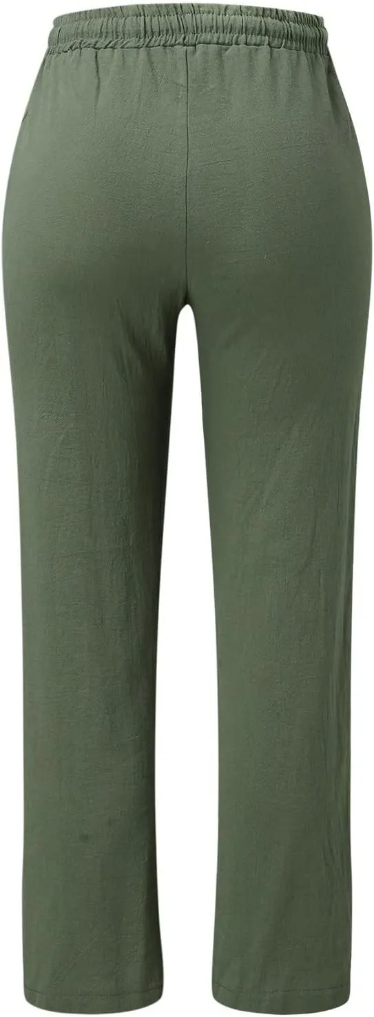 Womens Linen Pants Casual Straight Fit Elastic Waisted Drawsting Trousers Summer Loose Comfy Pants with Pockets