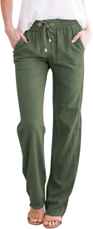 Womens Linen Pants Casual Straight Fit Elastic Waisted Drawsting Trousers Summer Loose Comfy Pants with Pockets