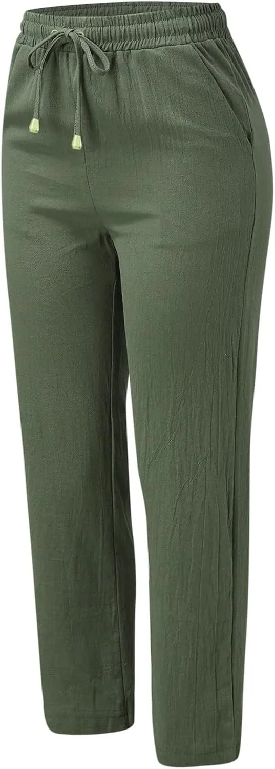 Womens Linen Pants Casual Straight Fit Elastic Waisted Drawsting Trousers Summer Loose Comfy Pants with Pockets