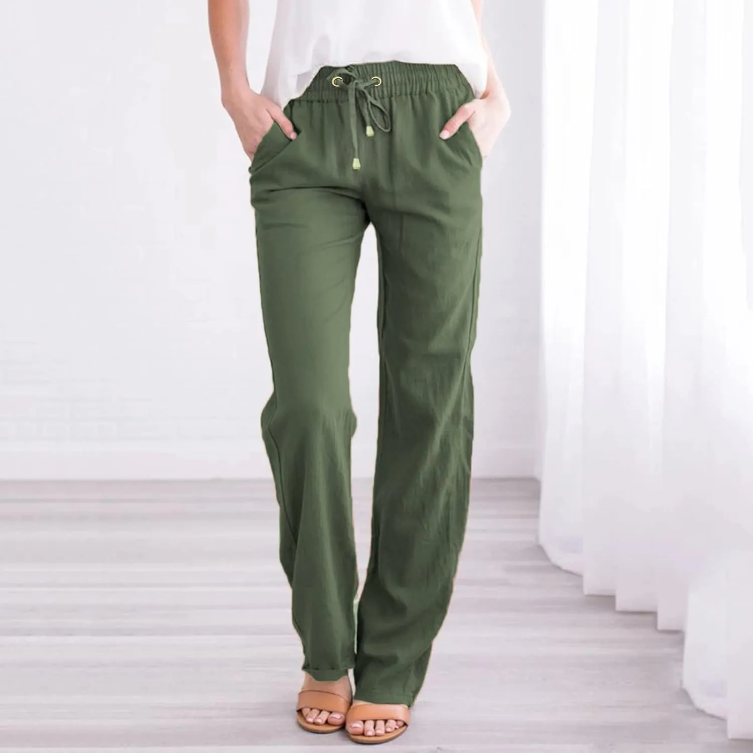 Womens Linen Pants Casual Straight Fit Elastic Waisted Drawsting Trousers Summer Loose Comfy Pants with Pockets