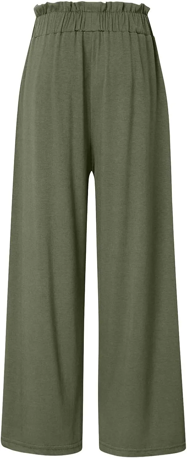 Women's Linen Summer Baggy Palazzo Pants Elastic Waisted Stretchy Loose Fit Palazzo Lounge Pants Office