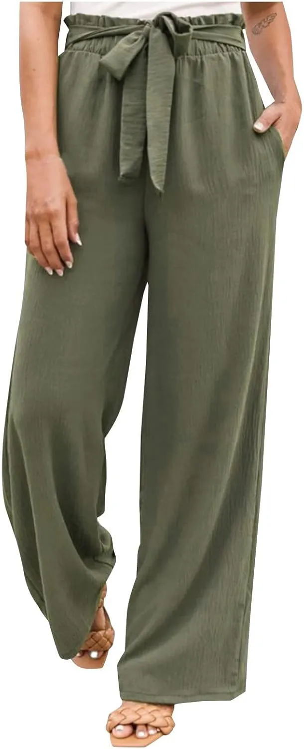 Women's Linen Summer Baggy Palazzo Pants Elastic Waisted Stretchy Loose Fit Palazzo Lounge Pants Office