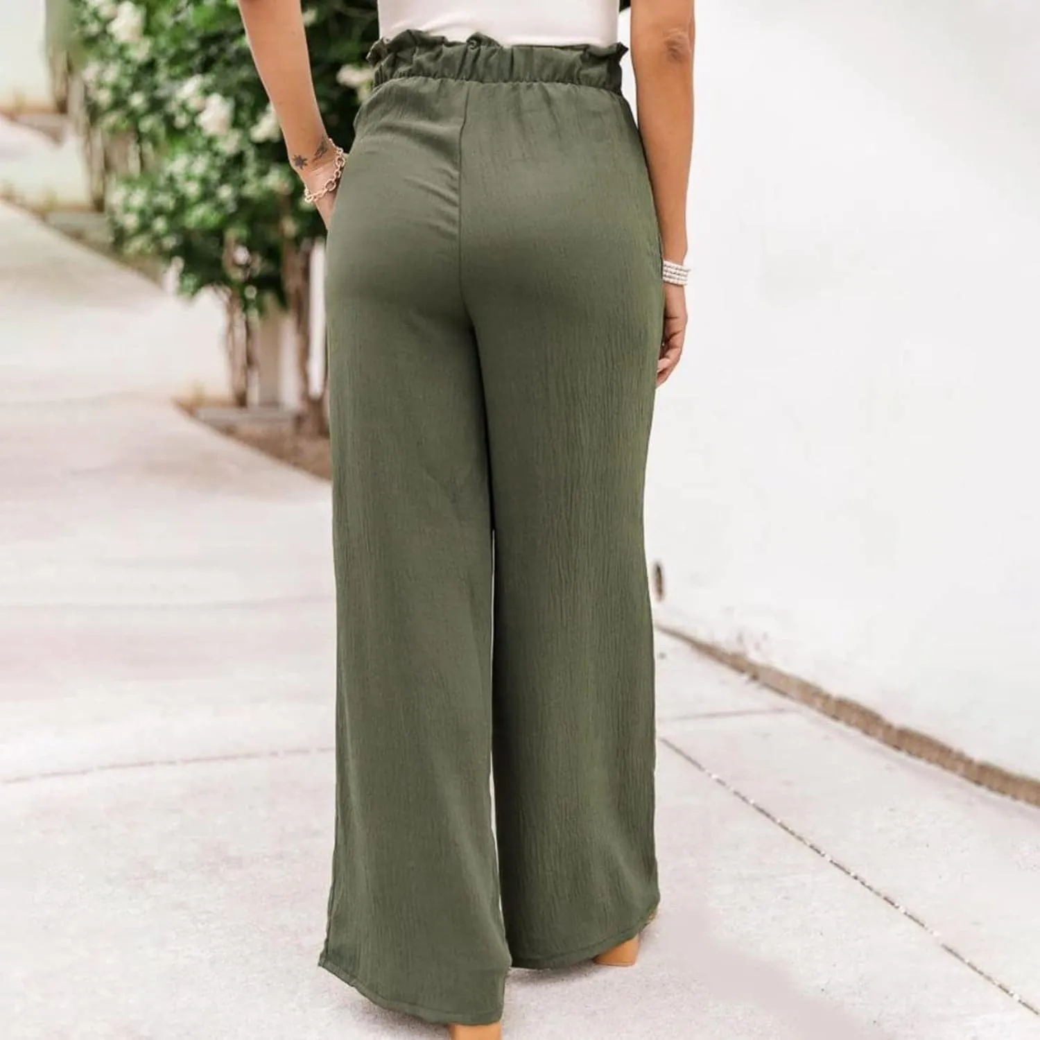 Women's Linen Summer Baggy Palazzo Pants Elastic Waisted Stretchy Loose Fit Palazzo Lounge Pants Office