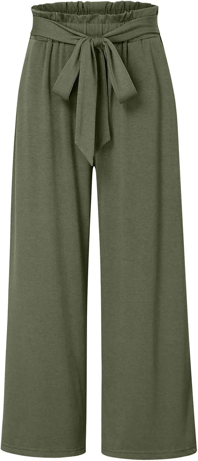 Women's Linen Summer Baggy Palazzo Pants Elastic Waisted Stretchy Loose Fit Palazzo Lounge Pants Office