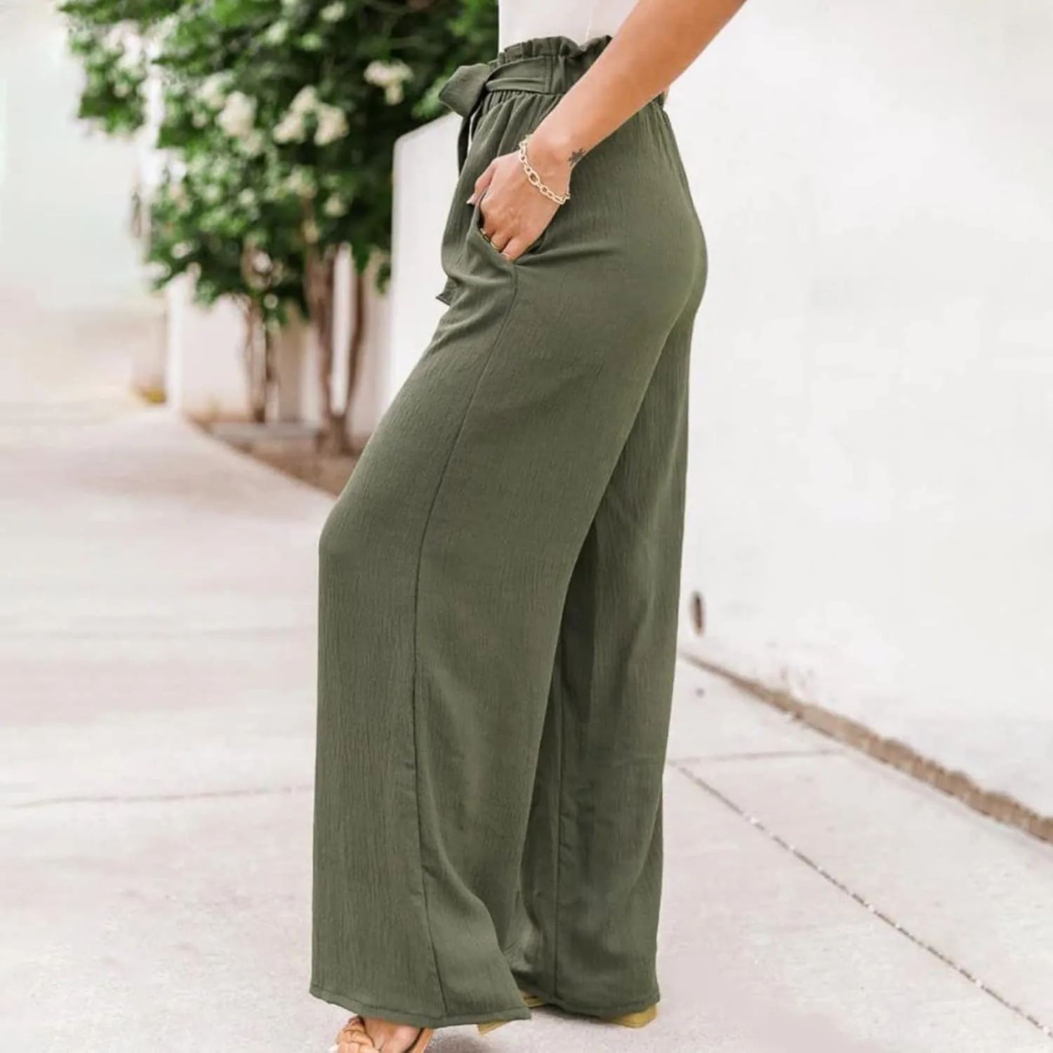 Women's Linen Summer Baggy Palazzo Pants Elastic Waisted Stretchy Loose Fit Palazzo Lounge Pants Office