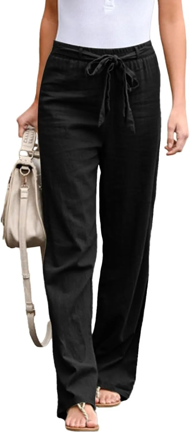 Womens Linen Summer Boho Palazzo Pants Low Waist Ankle Length Slim-Fit Pant Trousers Business Work