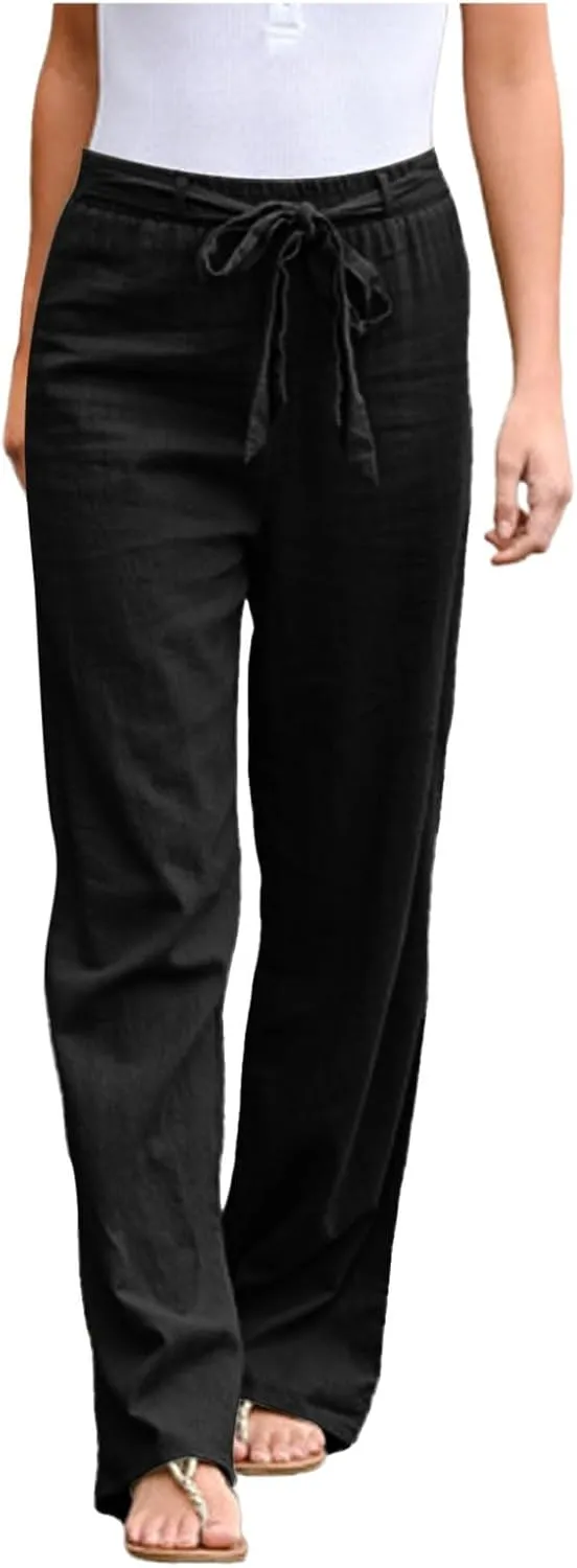 Womens Linen Summer Boho Palazzo Pants Low Waist Ankle Length Slim-Fit Pant Trousers Business Work
