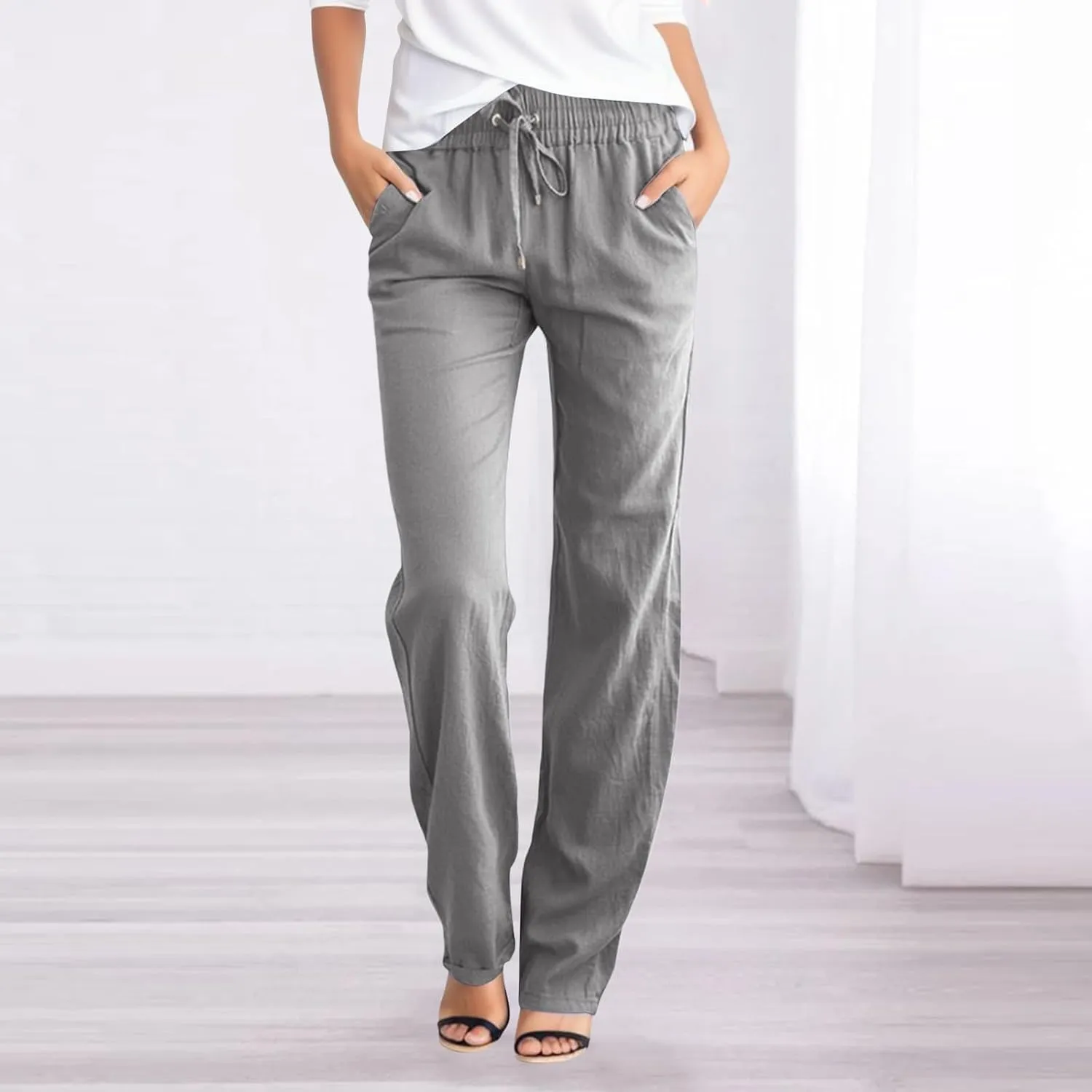Women's Linen Summer Boho Pants High Waist Ankle Length Slim Fit Pants Business Work