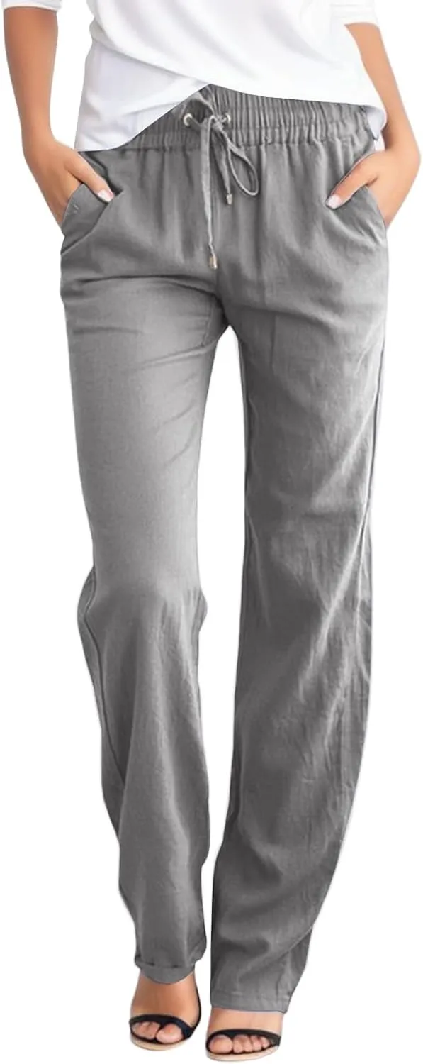 Women's Linen Summer Boho Pants High Waist Ankle Length Slim Fit Pants Business Work