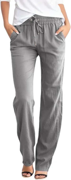 Women's Linen Summer Boho Pants High Waist Ankle Length Slim Fit Pants Business Work