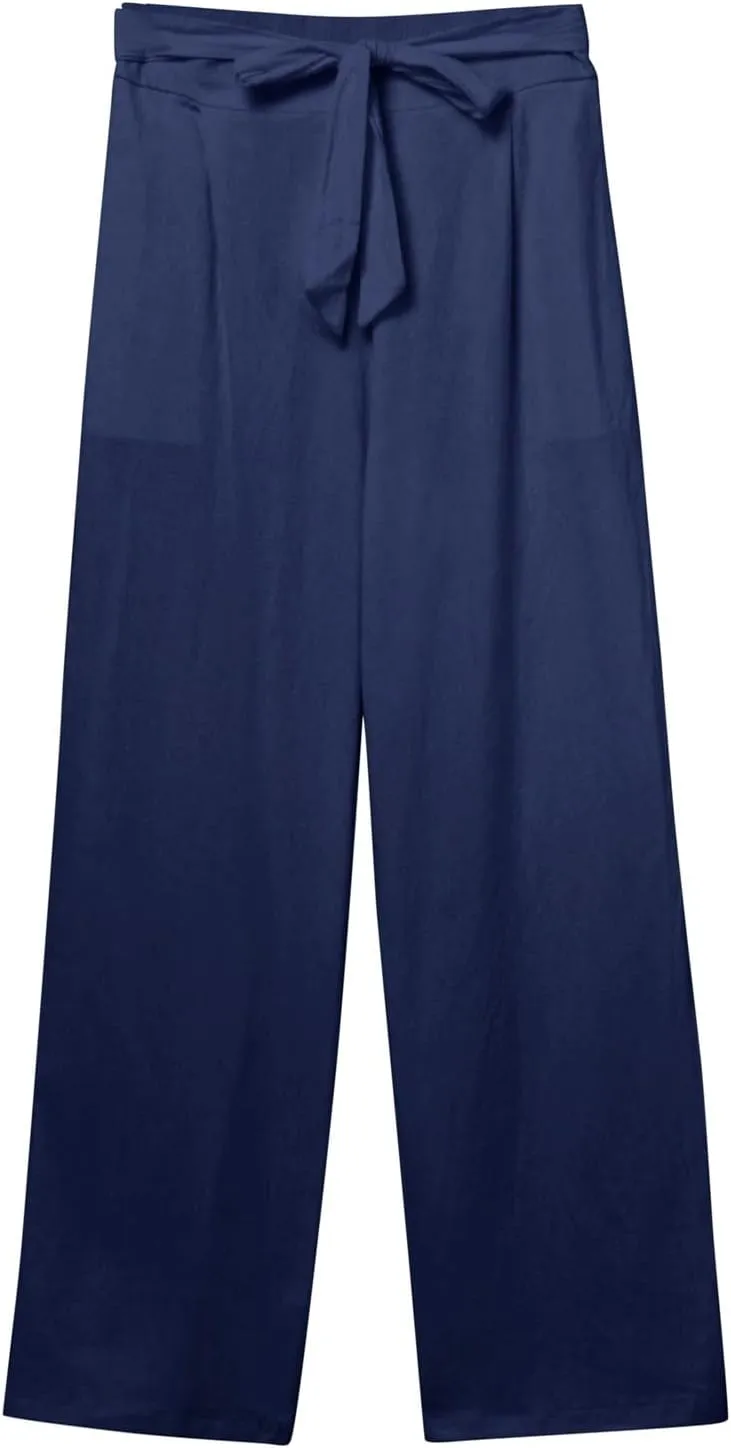 Womens Linen Summer Flowy Pants Elastic Waist Lounge Pants Slim Fit Trouser Travel