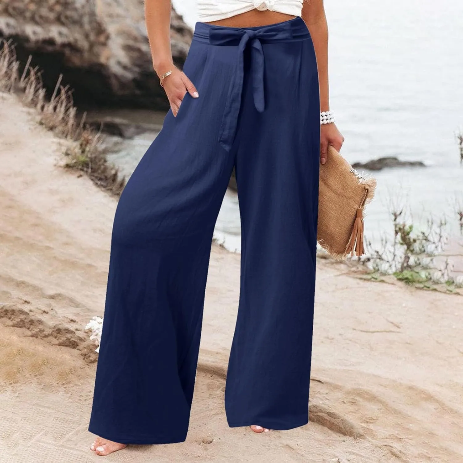 Womens Linen Summer Flowy Pants Elastic Waist Lounge Pants Slim Fit Trouser Travel