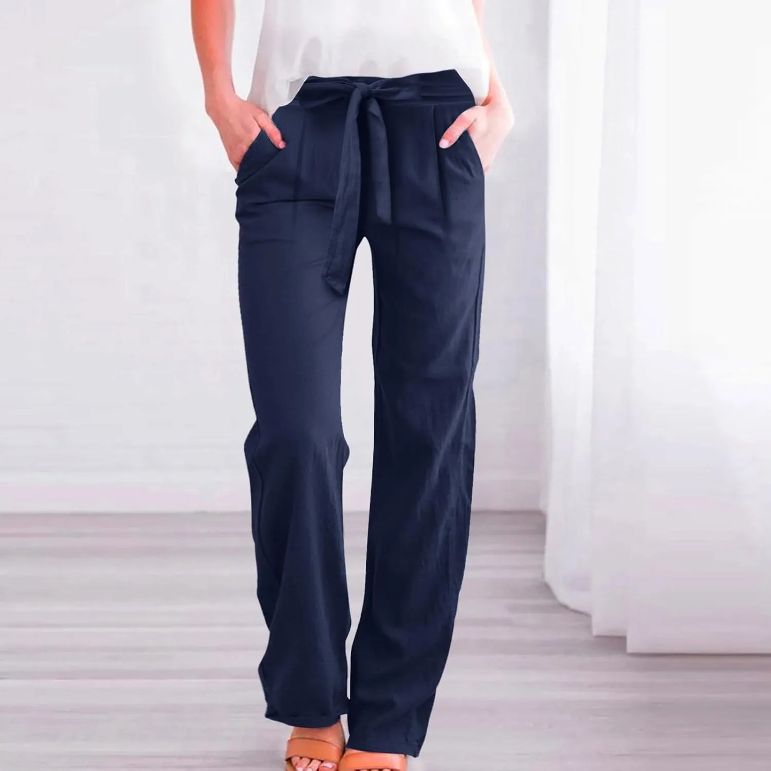 Womens Linen Summer Flowy Pants Elastic Waist Lounge Pants Slim Fit Trouser Travel