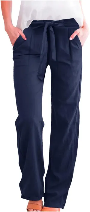 Womens Linen Summer Flowy Pants Elastic Waist Lounge Pants Slim Fit Trouser Travel