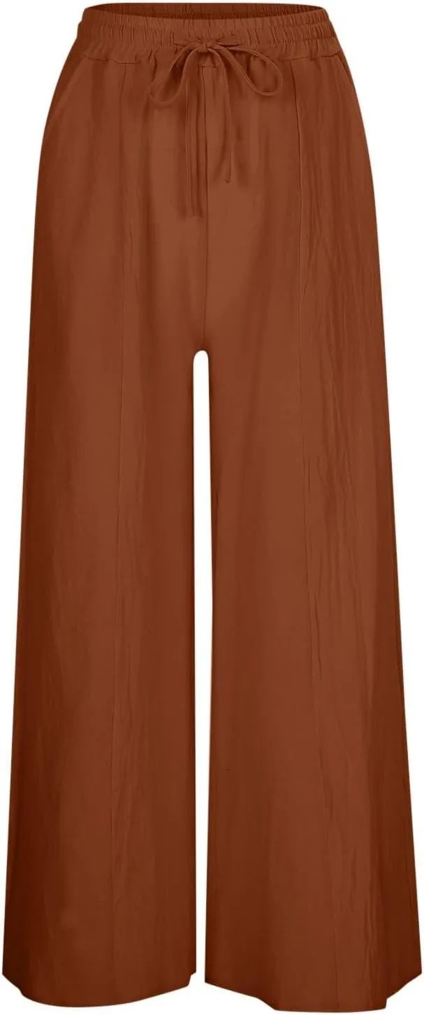 Womens Linen Summer Palazzo Palazzo Pants Elastic Waisted Lounge Pants Plus Size Pant Trousers Office
