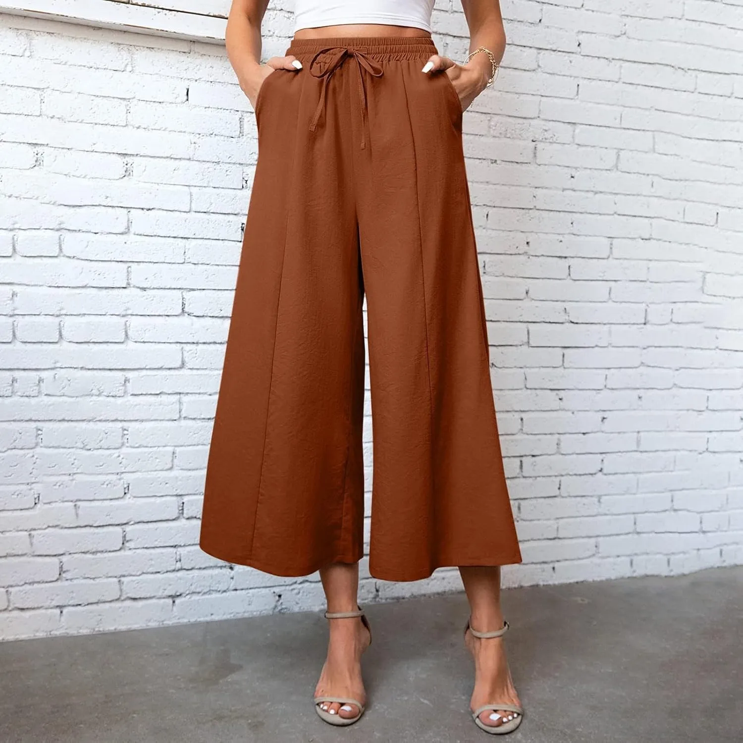 Womens Linen Summer Palazzo Palazzo Pants Elastic Waisted Lounge Pants Plus Size Pant Trousers Office