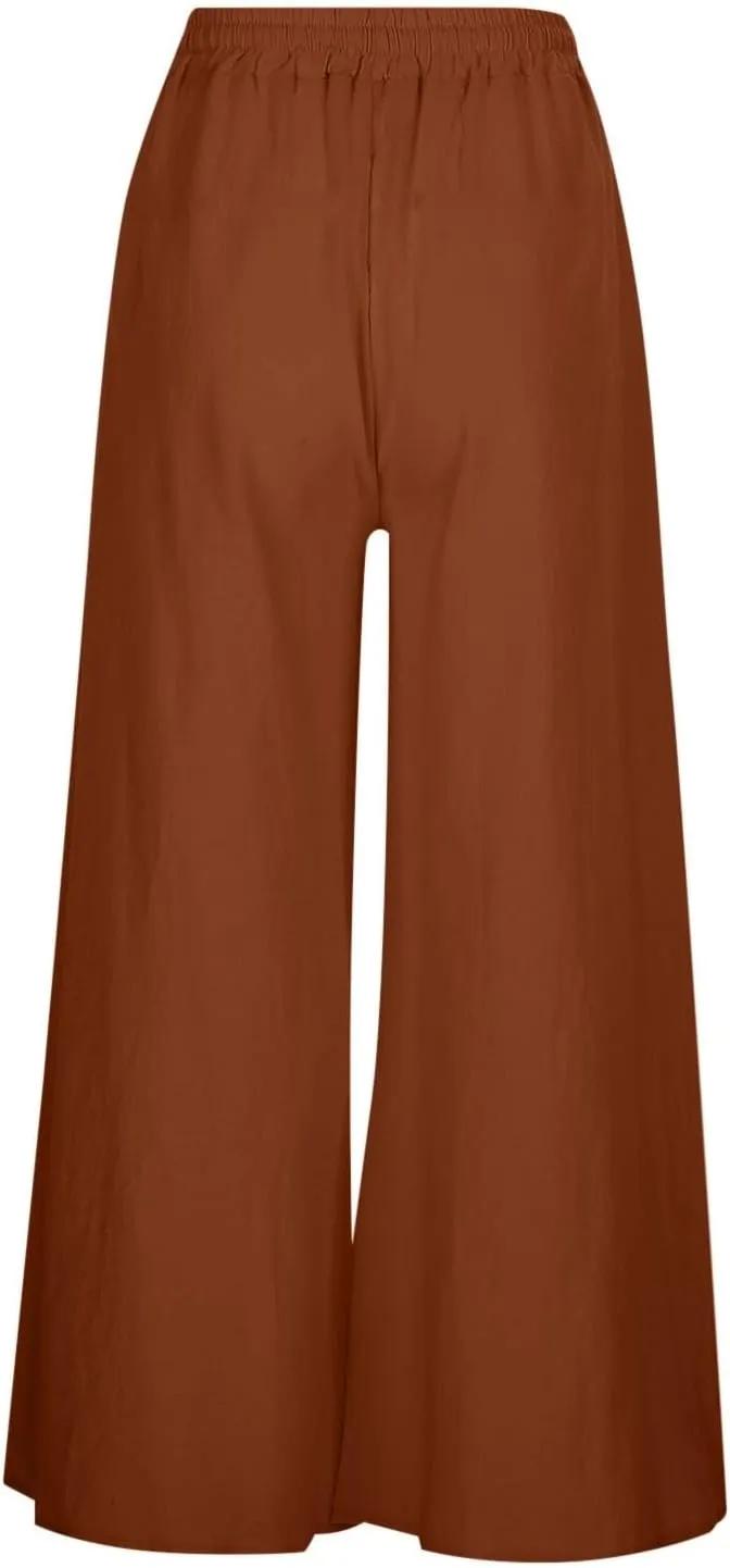 Womens Linen Summer Palazzo Palazzo Pants Elastic Waisted Lounge Pants Plus Size Pant Trousers Office
