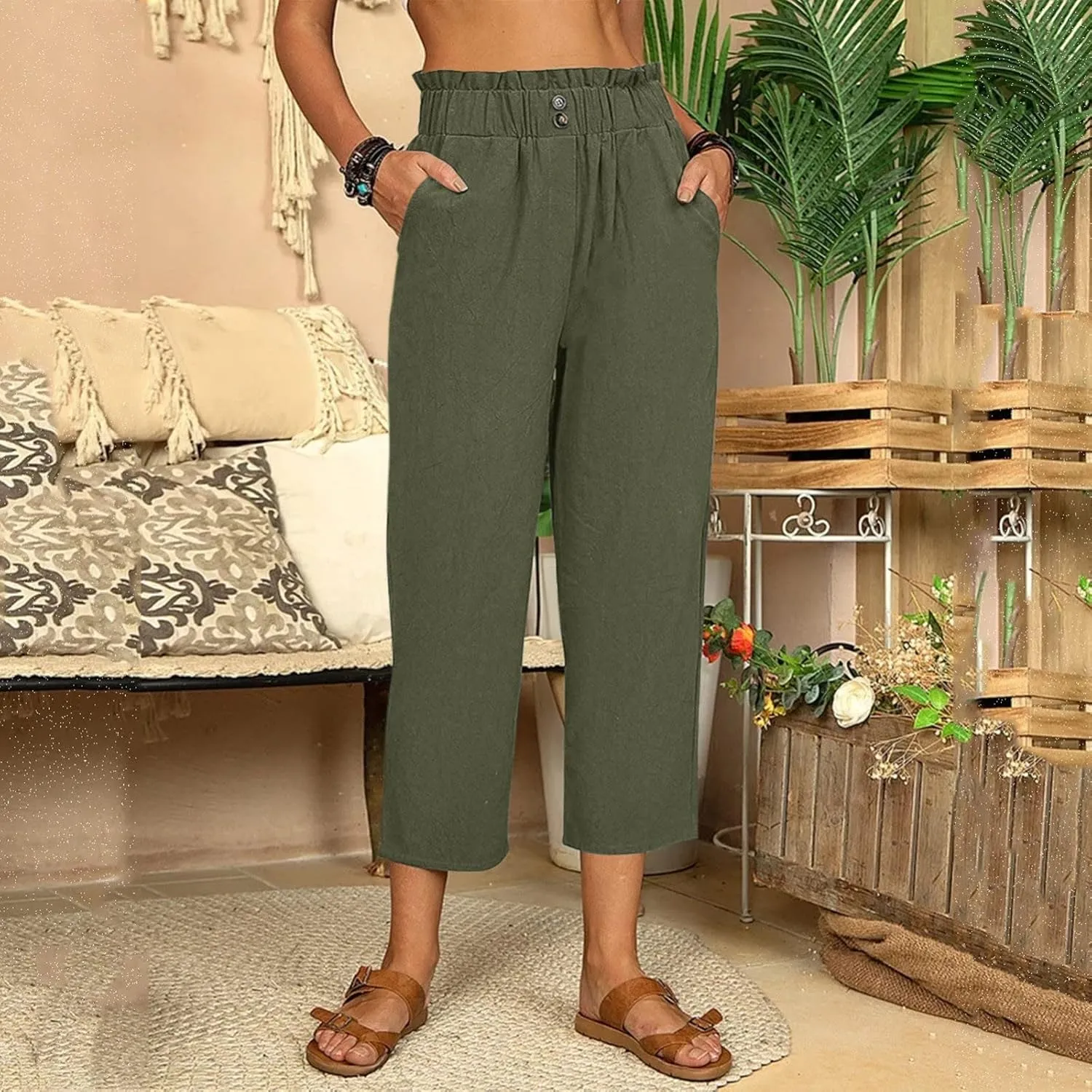 Women's Linen Summer Palazzo Palazzo Pants High Waist Wide Leg Slim-Fit Pants Travel