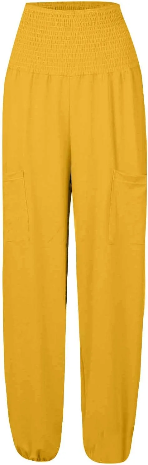 Womens Linen Summer Striped Pant Trousers High Waist Long Lounge Slim Fit Pant Trousers Beach