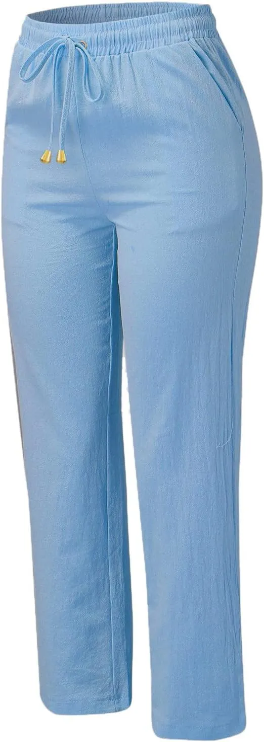 Women's Linen Summer Y2K Fashion Palazzo Pants Elastic Waisted Straight Plus Size Trouser Vacation